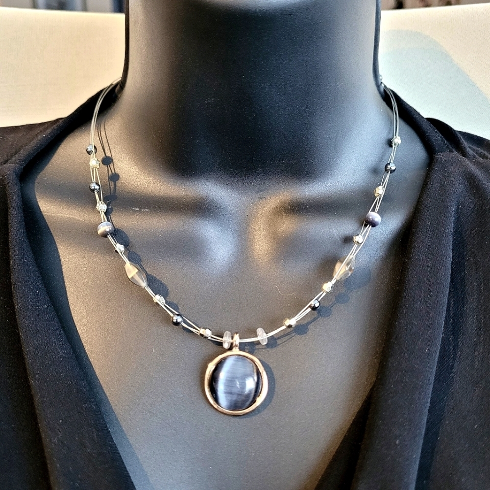 Vintage NY Collection wire and beaded necklace with smoky blue pendant 16-18"